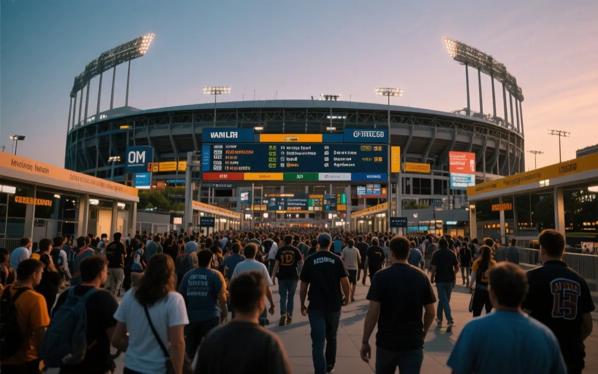比赛日人群进入体育场的氛围与交通组织场景