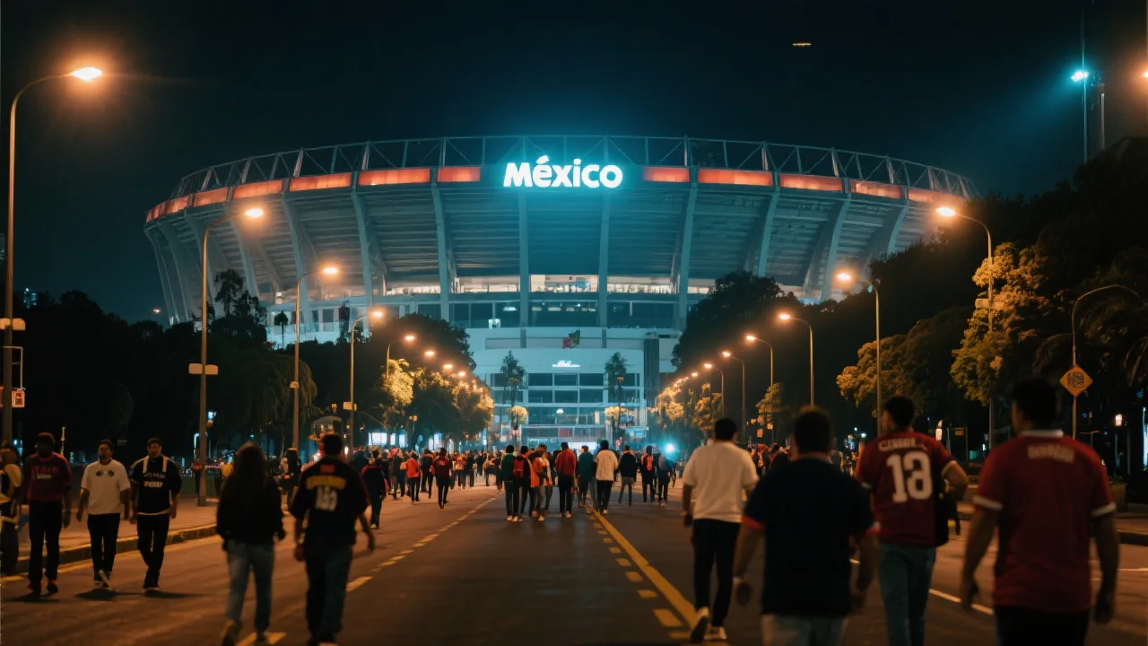 夜幕下的球场外人群与城市灯光，世界杯观赛氛围与安全动线