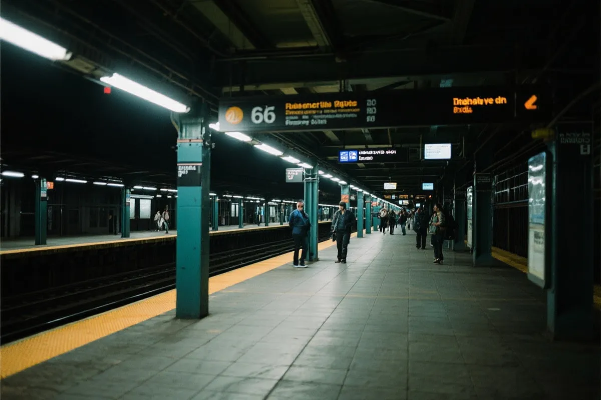 夜间纽约地铁站台，灯光与人流，球迷散场后的通勤场景