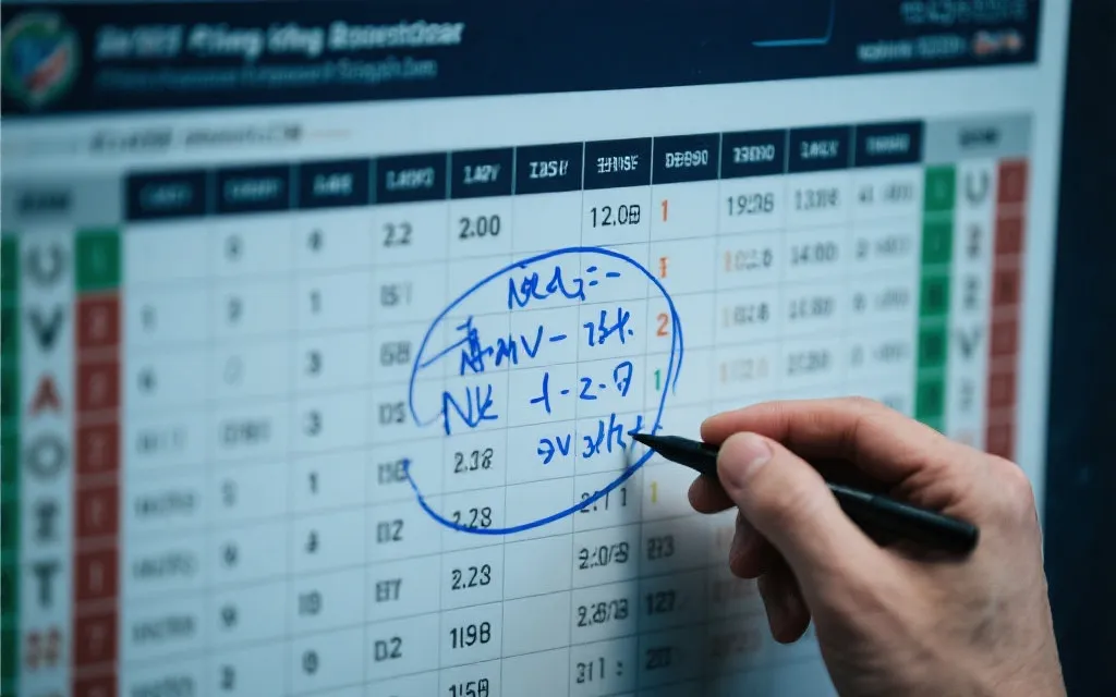 世界杯小组赛积分榜的近景，球迷用笔圈出晋级条件